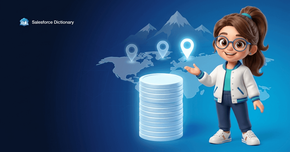 Illustration of the Salesforce Dictionary mascot beside a tall stack of blank glowing coins in front of an alpine mountain range, with three map pins across a world map and the third one lighting up brightest