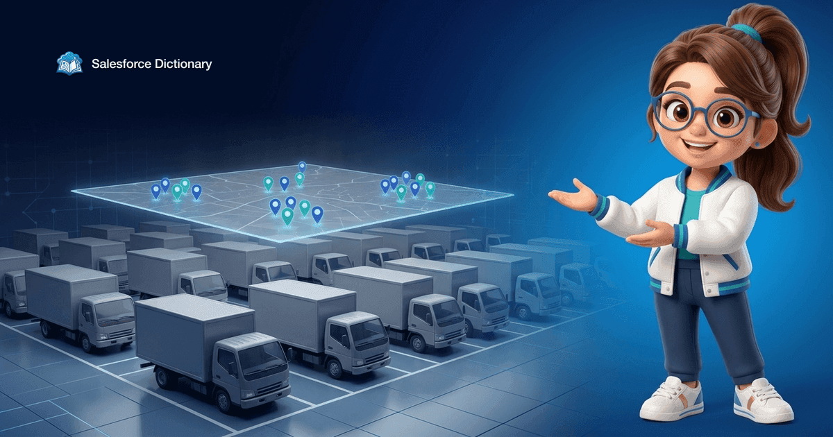 The Salesforce Dictionary mascot gestures with an open two-handed presenting pose and a confident smile toward neat rows of plain grey utility trucks on a depot floor, with a glowing translucent map dotted with location pins hovering above the fleet