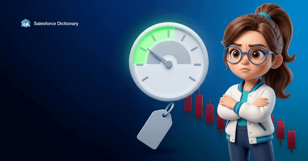 Illustration of the Salesforce Dictionary mascot with folded arms beside a rating dial whose needle has dropped out of green into grey, a blank price tag falling away below it and red candlesticks descending behind