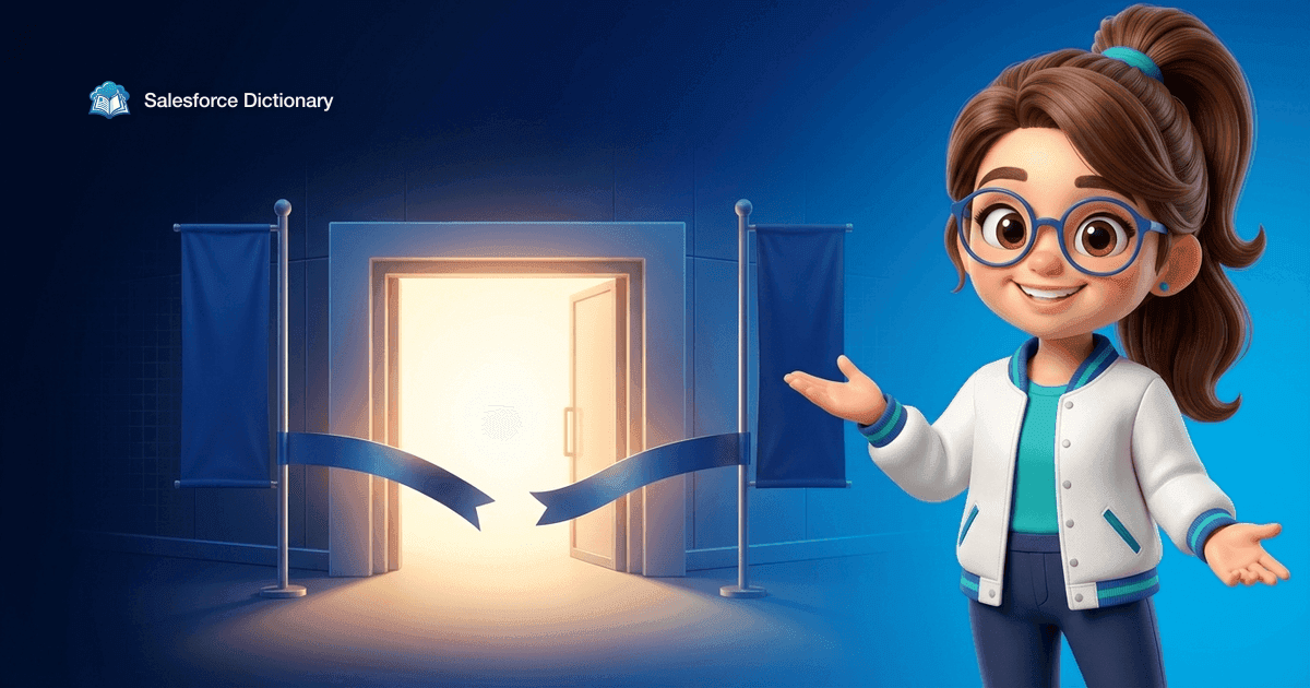 Illustration of the Salesforce Dictionary mascot at a just-cut ribbon across the entrance of a glowing innovation hub, warm light spilling out between two blank banner poles