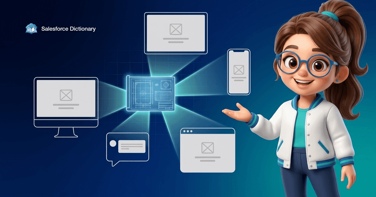 Illustration of the Salesforce Dictionary mascot beside one glowing blueprint panel projecting the same blank component into a monitor, a phone, a chat bubble and a browser window
