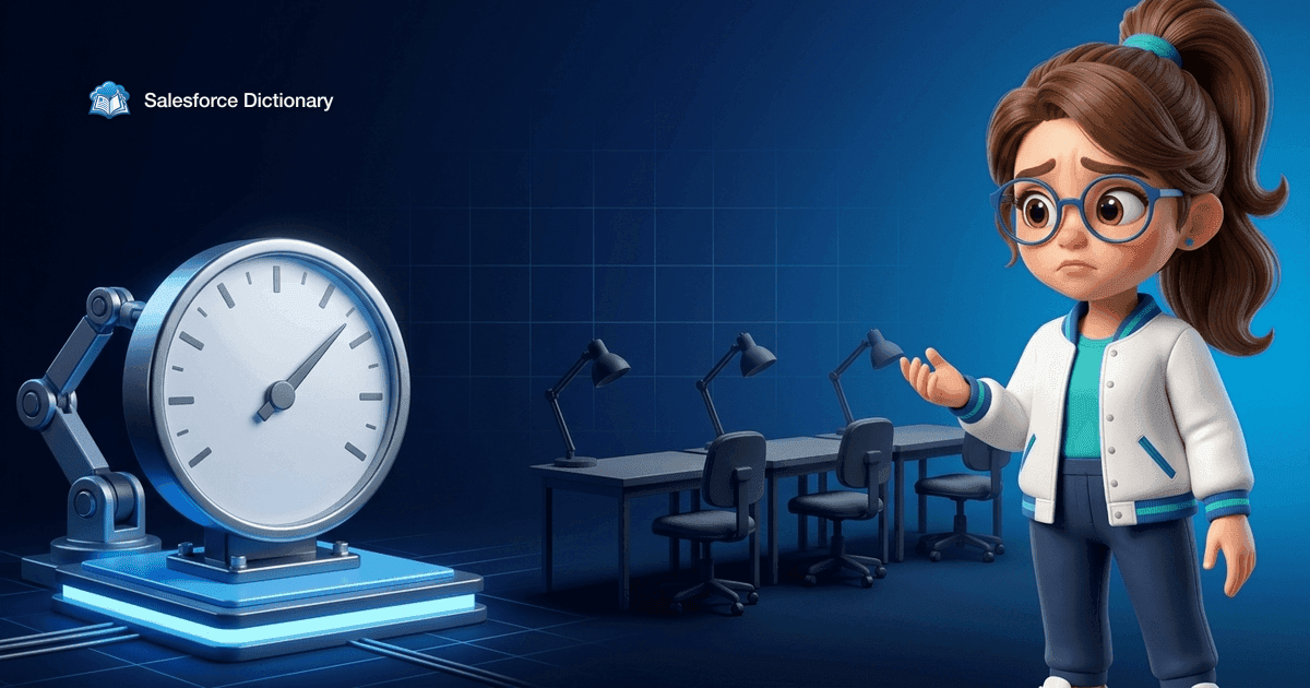 Illustration of the Salesforce Dictionary mascot looking sombre between a new usage meter dial being bolted onto a lit platform and a row of empty desks with their lamps switched off