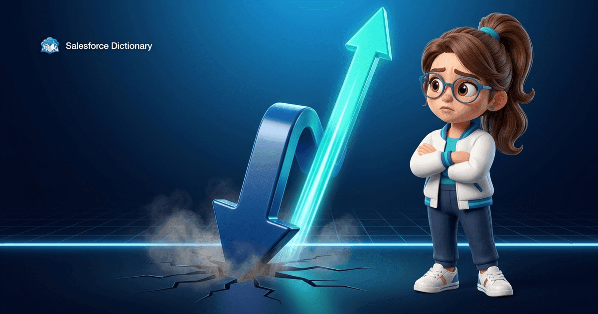 Illustration of the Salesforce Dictionary mascot with folded arms as a heavy blue arrow smashes through a glowing floor line into cracked ground while a bright teal arrow rockets upward beside it