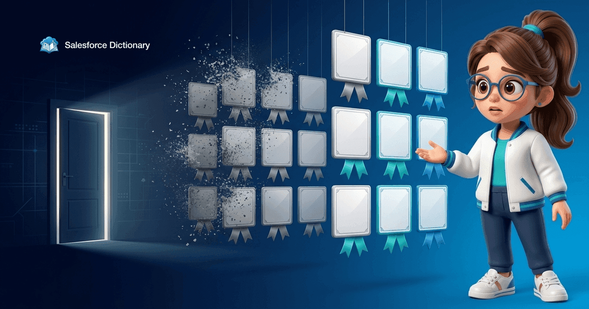 Illustration of the Salesforce Dictionary mascot at a hanging grid of blank certificate badges where a large group dissolves into grey particles and a smaller group gets fresh teal ribbons, a door closing behind them