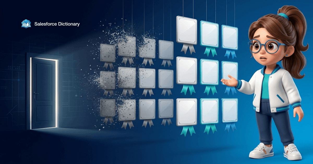 Illustration of the Salesforce Dictionary mascot at a hanging grid of blank certificate badges where a large group dissolves into grey particles and a smaller group gets fresh teal ribbons, a door closing behind them