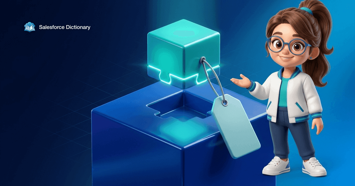 Illustration of the Salesforce Dictionary mascot presenting a teal interlocking block being lowered into a matching socket on a large blue platform, sealing with a bright seam of light, a blank price tag hanging from it
