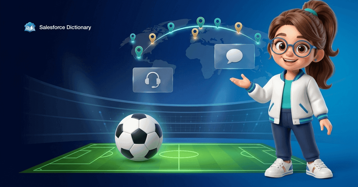 Illustration of the Salesforce Dictionary mascot beside a plain football on a glowing pitch inside a stadium bowl, with an arc of map pins across a world map and blank headset and chat panels floating above