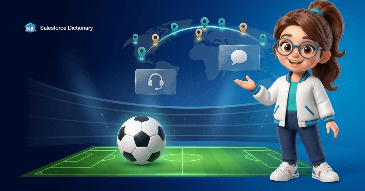 Illustration of the Salesforce Dictionary mascot beside a plain football on a glowing pitch inside a stadium bowl, with an arc of map pins across a world map and blank headset and chat panels floating above