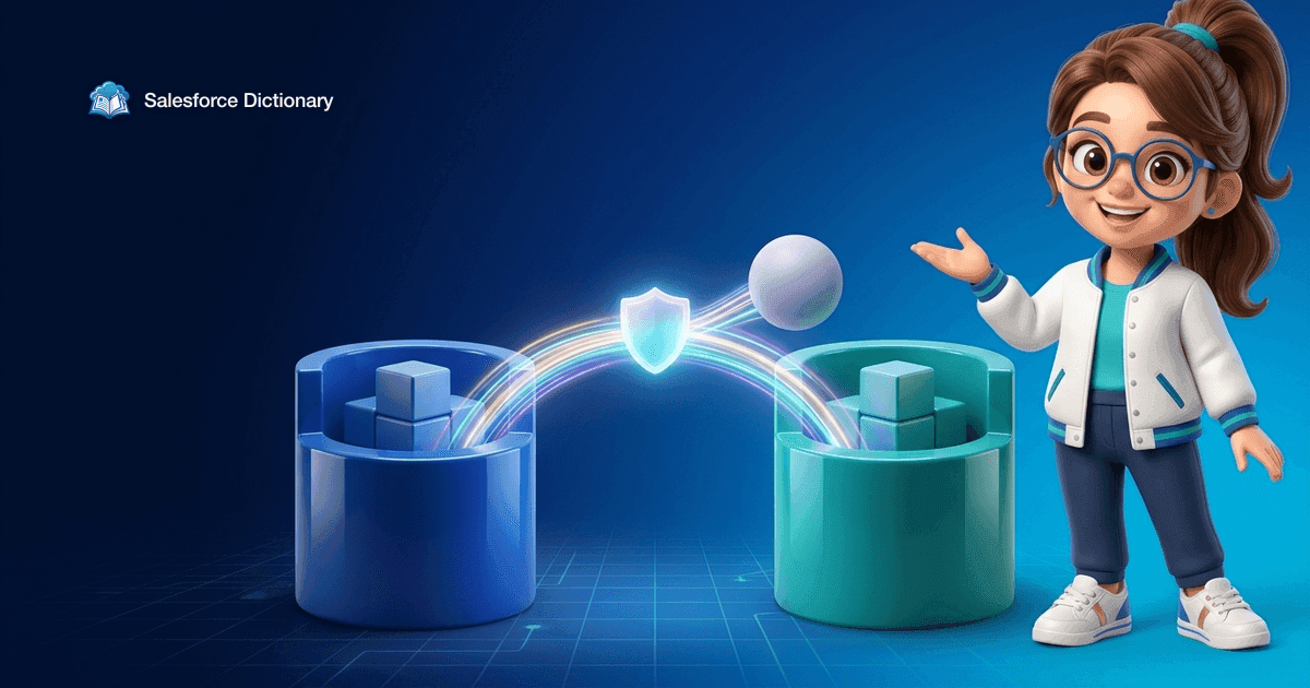 Illustration of the Salesforce Dictionary mascot beside two anchored data cylinders, one blue and one teal, joined by a bridge of light passing through a shield gate while their data blocks stay in place