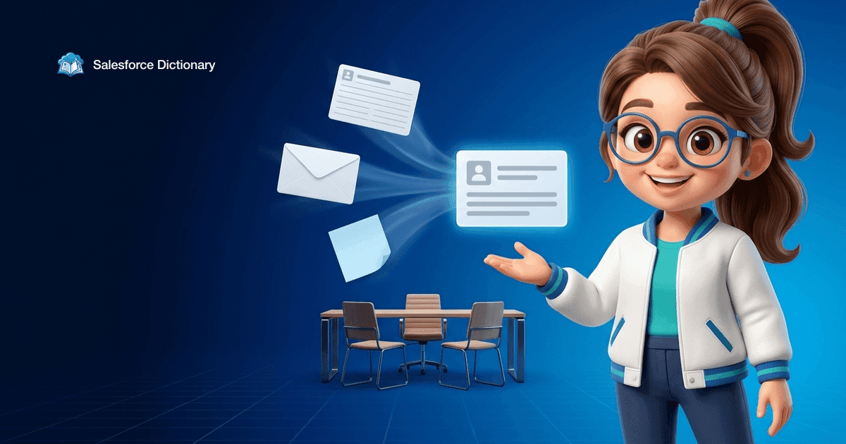 Illustration of the Salesforce Dictionary mascot presenting a record card, an envelope and a sticky note converging on trails of light into one assembled briefing panel above an empty meeting table