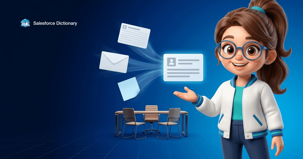Illustration of the Salesforce Dictionary mascot presenting a record card, an envelope and a sticky note converging on trails of light into one assembled briefing panel above an empty meeting table
