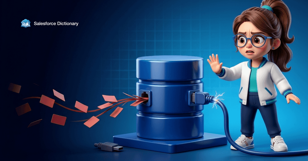 Illustration of the Salesforce Dictionary mascot raising an alarmed hand as red data cards stream out of an open port on a blue database cylinder while a severed connector cable sparks beside it