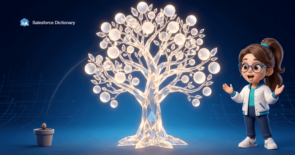 Illustration of the Salesforce Dictionary mascot astonished at an enormous glowing crystal tree heavy with orbs, traced by a dotted arc back to one tiny seed in a small pot
