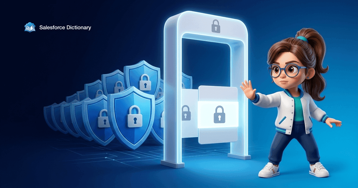 Illustration of the Salesforce Dictionary mascot bracing with a raised hand at a glowing security gate where a repeated challenge card has been sealed shut, as a wave of padlocked shields rolls in behind
