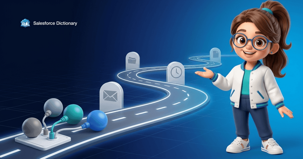 Illustration of the Salesforce Dictionary mascot beside a winding glowing journey road lined with blank milestone markers, fed at its start by four featureless spheres plugged into a socket panel