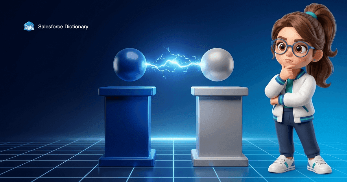 Illustration of the Salesforce Dictionary mascot weighing up two identical rival podiums, one blue and one silver, each topped by a featureless sphere with lightning arcing across the gap between them