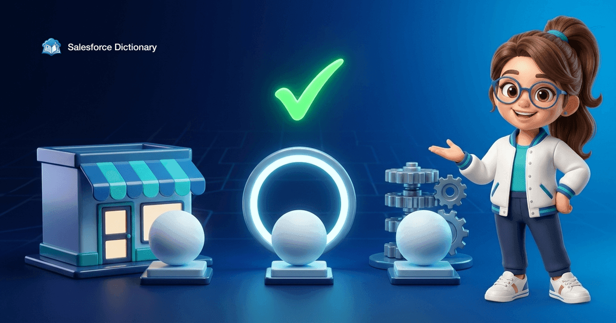 Illustration of the Salesforce Dictionary mascot presenting three identical featureless agent spheres stationed at a storefront, a glowing portal ring and a stack of gears, with a green checkmark above the row
