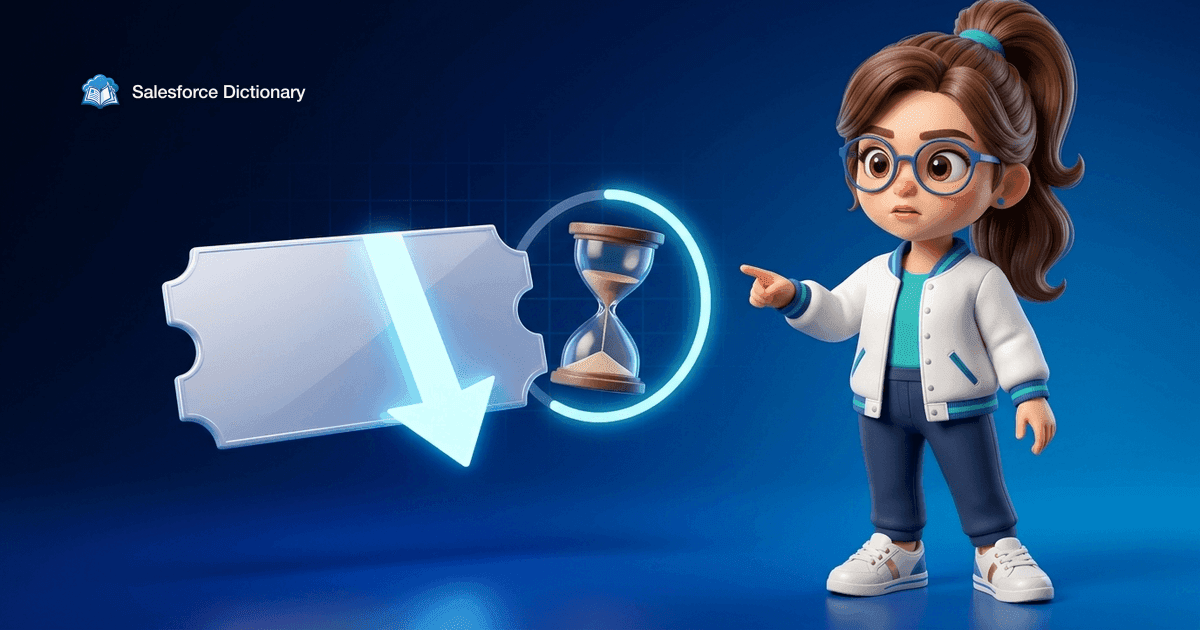 Illustration of the Salesforce Dictionary mascot pointing urgently at a blank event ticket crossed by a steep downward arrow beside an hourglass running nearly empty inside a closing countdown arc