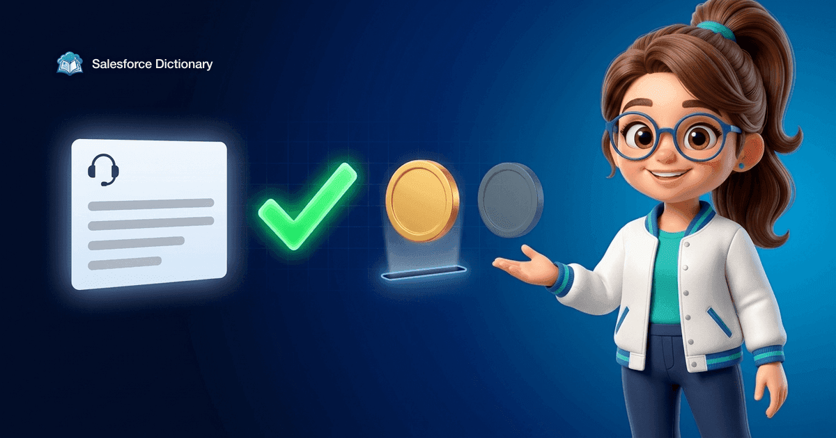 Illustration of the Salesforce Dictionary mascot beside a left-to-right sequence: a blank support ticket, a green checkmark, then a single gold coin dropping into a slot while an unused grey coin sits dimmed to one side