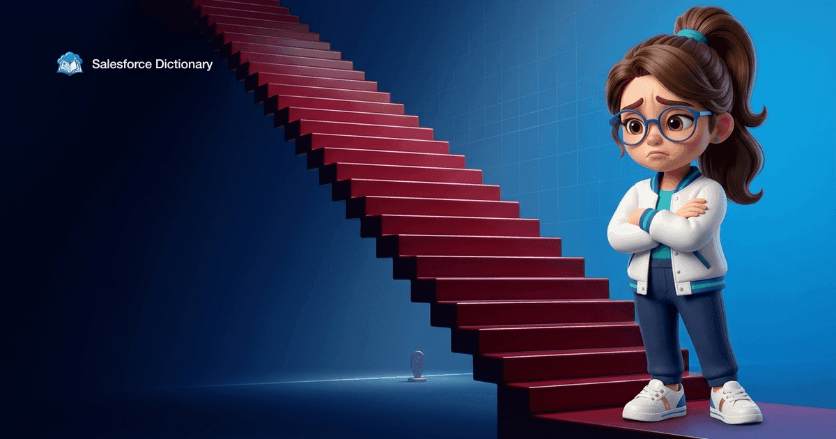 Illustration of the Salesforce Dictionary mascot standing with folded arms at the top of a long red staircase descending step after step toward a dim floor far below