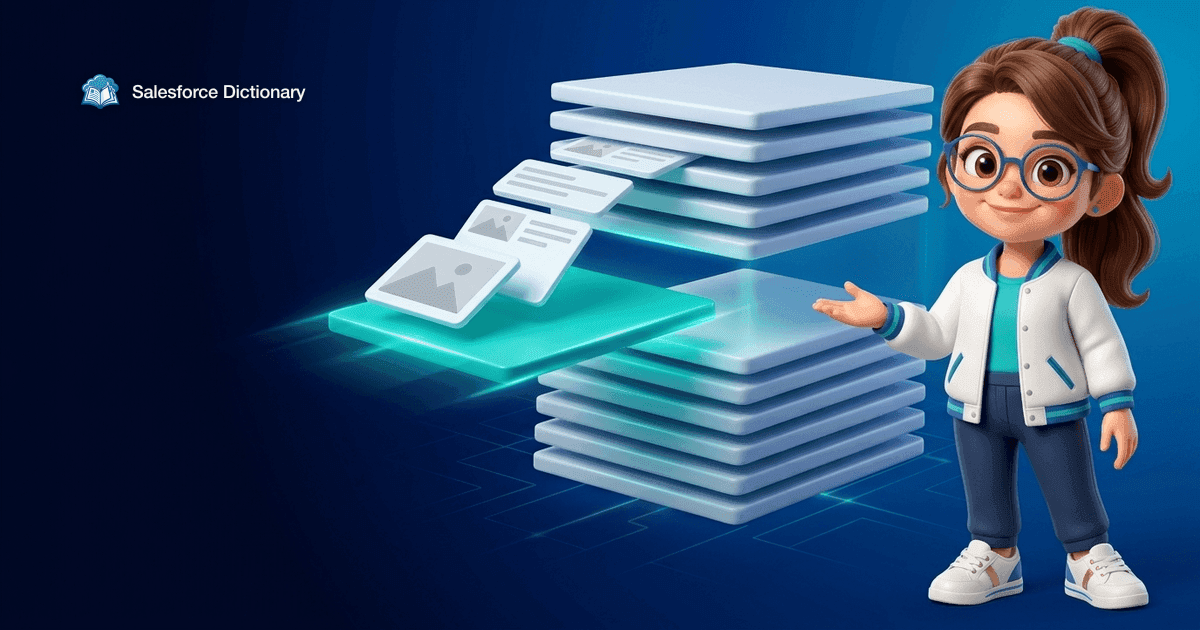 Illustration of the Salesforce Dictionary mascot beside a stack of platform slabs split open as a glowing teal content layer slides into the gap, blank content tiles streaming out of it