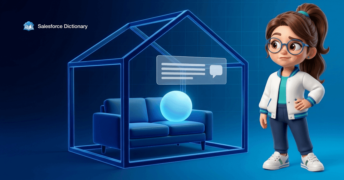 Illustration of the Salesforce Dictionary mascot watching with a wry look as a glowing featureless sphere sits comfortably on a couch inside a blue wireframe house, a blank message panel floating behind it