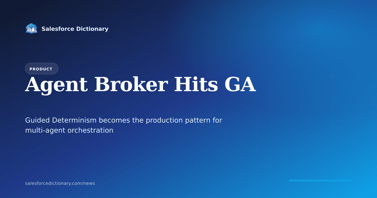 Salesforce Agent Broker general availability June 2026 with visual authoring canvas, Agent Script, and Guided Determinism orchestrating Agentforce, Bedrock, and Foundry agents