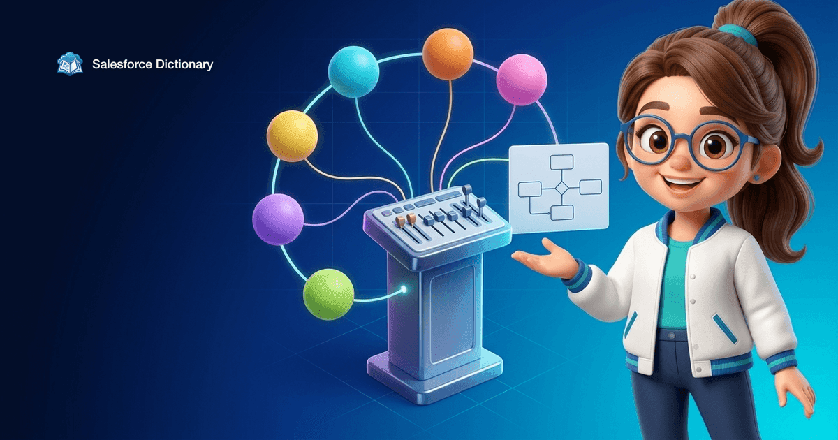 Illustration of the Salesforce Dictionary mascot beside a control console of levers linked by glowing lines to six featureless spheres of different colours, with a blank node-graph canvas alongside
