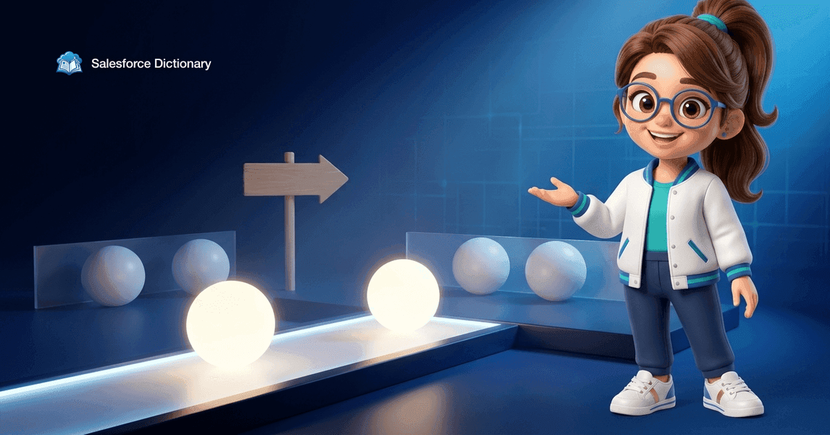 Illustration of the Salesforce Dictionary mascot at a lit stage where two featureless spheres glow at the front and others wait dimmer behind frosted barriers, a blank direction sign swung a new way