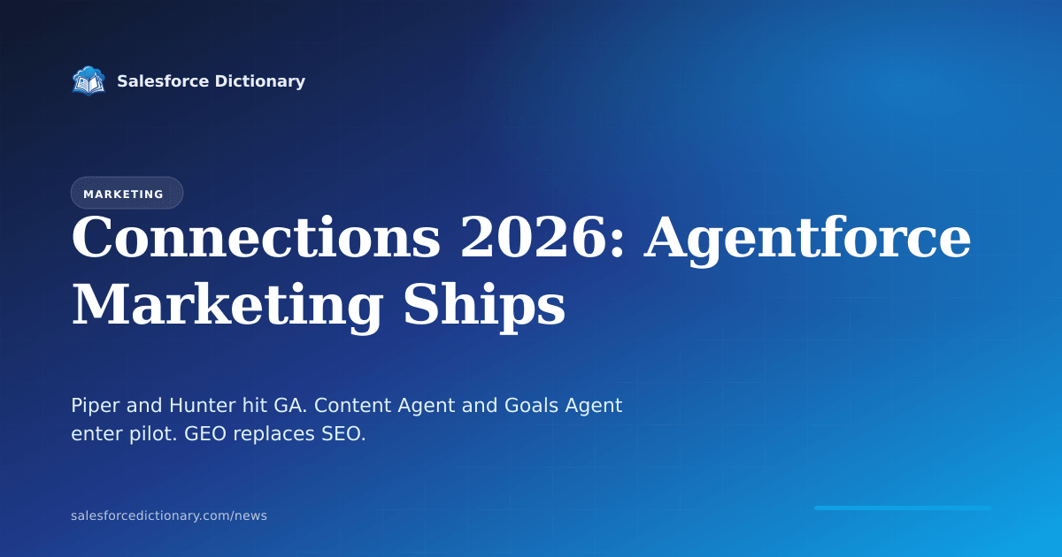 Salesforce Connections 2026 announcements: Piper SDR Agent and Hunter Prospecting Agent reach GA, Content Agent and Marketing Goals Agent enter pilot, with GEO replacing SEO for agentic search