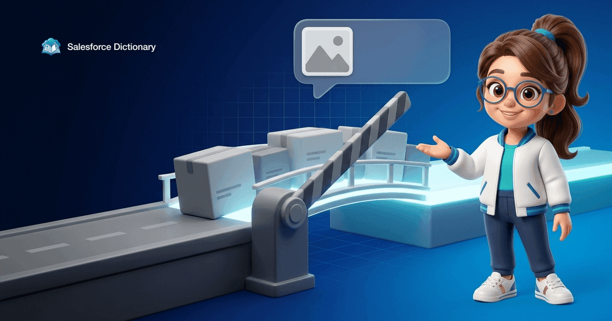 Illustration of the Salesforce Dictionary mascot as a striped barrier arm lifts and blank cargo blocks roll across a glowing bridge from a dim grey platform to a lit one, a rich message bubble above
