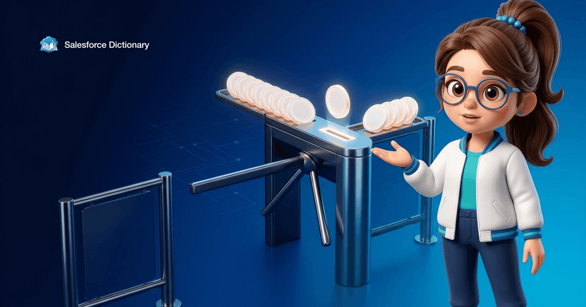 Illustration of the Salesforce Dictionary mascot at a turnstile whose barrier arm only lifts for a blank token dropped into its slot, with a narrow low side gate still open beside it