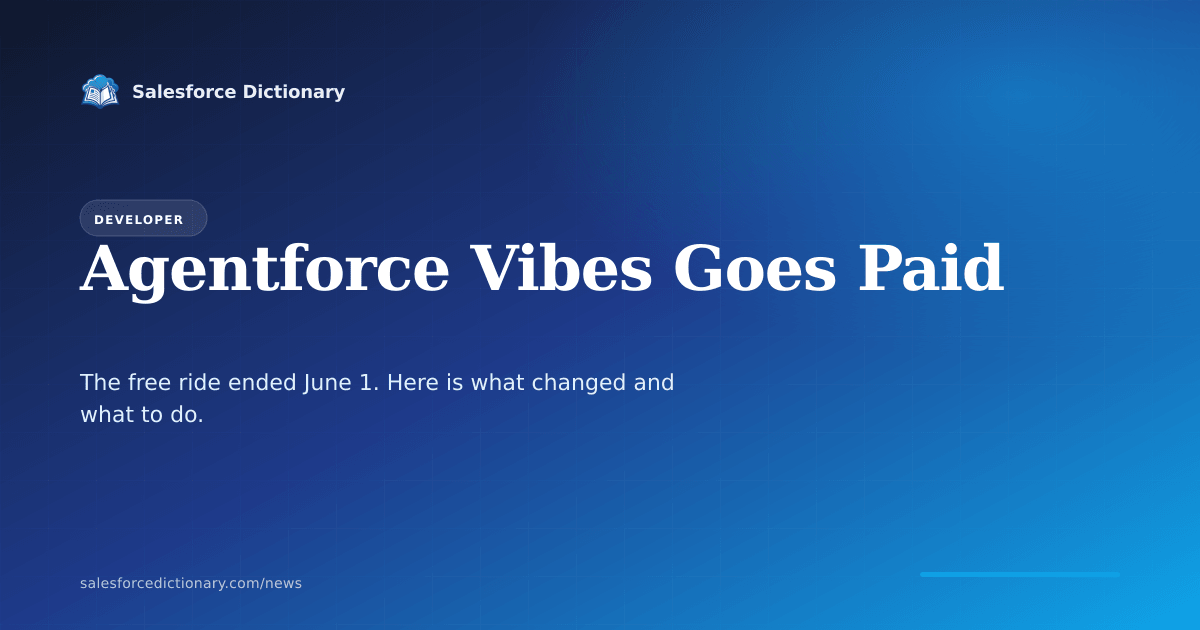 Agentforce Vibes paid transition June 2026 showing the free tier ending for paid orgs, Flex Credits and permission set license paths, and Developer Edition capped at 110 requests or 1.5 million tokens