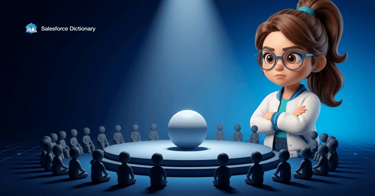 Illustration of the Salesforce Dictionary mascot with folded arms watching one featureless sphere alone under a hard spotlight on a raised platform, ringed by tiers of small dim figures