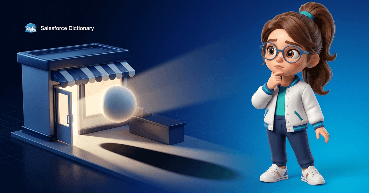 Illustration of the Salesforce Dictionary mascot looking wary as a glowing featureless sphere offers a gift into a small storefront while casting a long dark shadow right across the shop floor