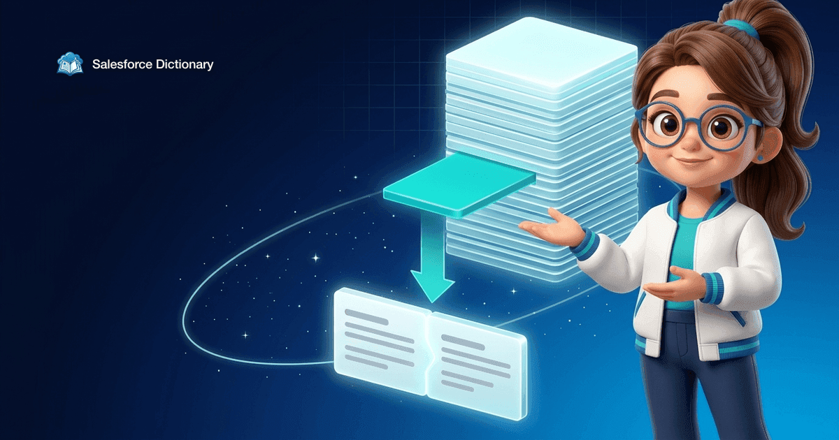 Illustration of the Salesforce Dictionary mascot presenting one teal slab drawn out of a tall stack and feeding down into two command panels merging into one, against a star field and orbital ring