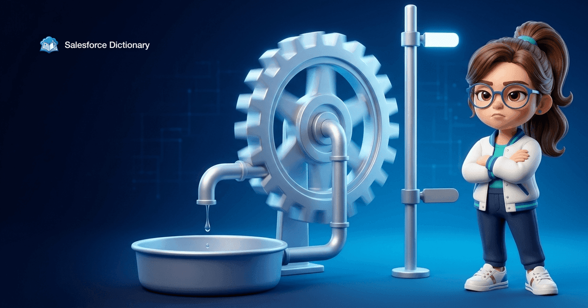Illustration of the Salesforce Dictionary mascot with folded arms beside a fast-spinning gear whose pipe only drips into a near-empty basin, next to a post with a marker clamped well below the current level