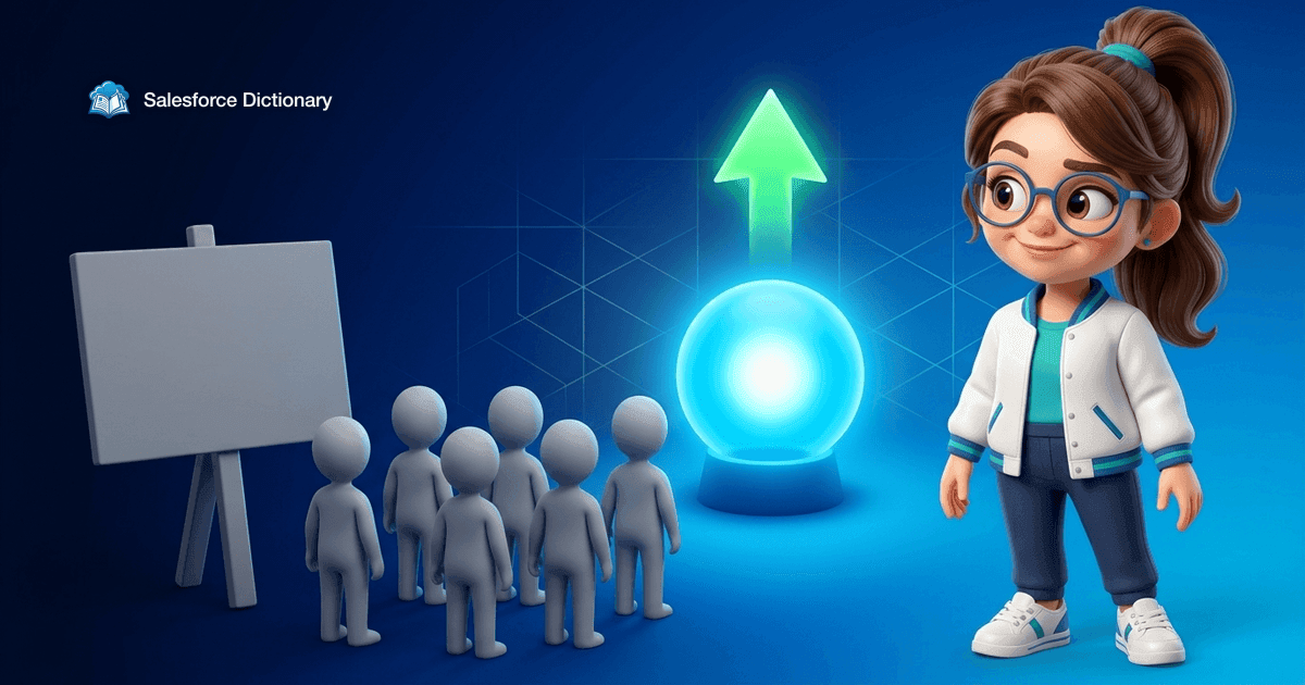 Illustration of the Salesforce Dictionary mascot looking amused as a crowd of small figures turns its back on a blank grey placard to face a glowing orb with a green arrow rising above it