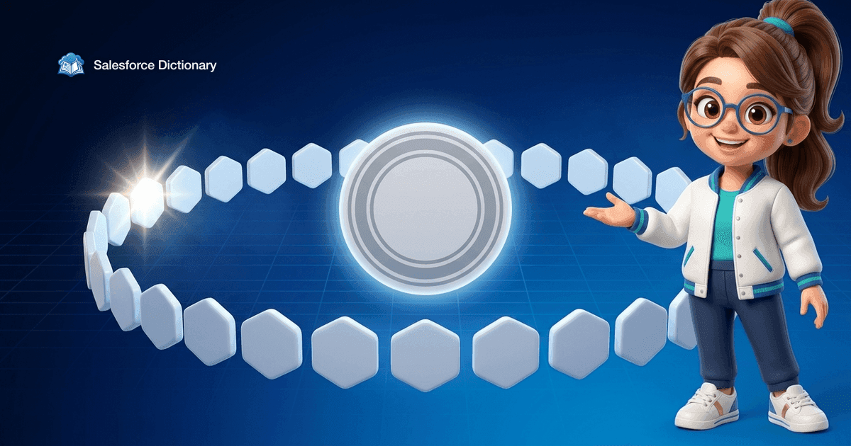 Illustration of the Salesforce Dictionary mascot beside a ring of identical blank hexagonal partner tiles around a plain glowing seal, with one tile flashing bright as it joins the ring