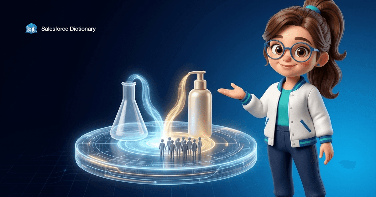 Illustration of the Salesforce Dictionary mascot beside one glowing unified platform disc fed by streams from a plain lab flask and an unbranded cosmetic bottle, a crowd of small figures standing on it