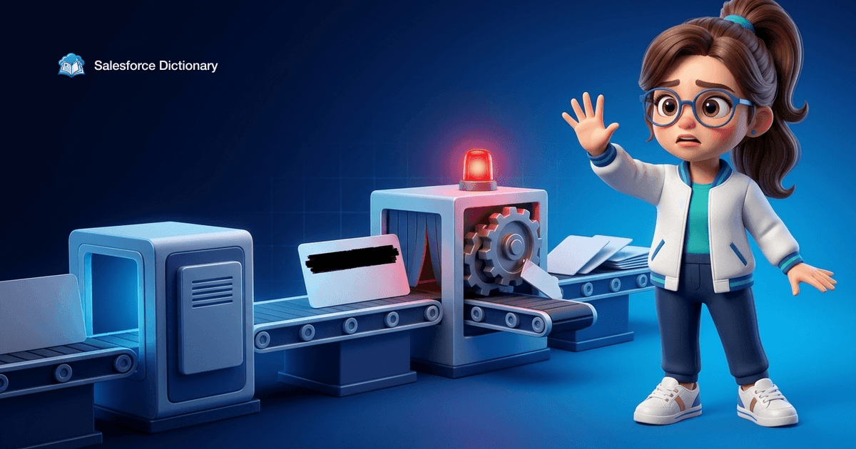 Illustration of the Salesforce Dictionary mascot raising an alarmed hand as a card emerges from a pipeline blacked out by a redaction bar and the next stage seizes up under a red warning light