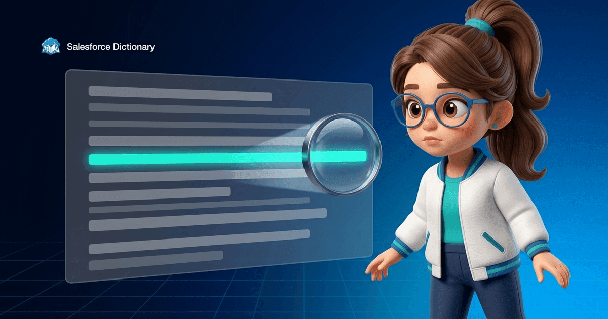 Illustration of the Salesforce Dictionary mascot studying a dim slide of grey placeholder lines where a single line glows teal under a magnifying lens