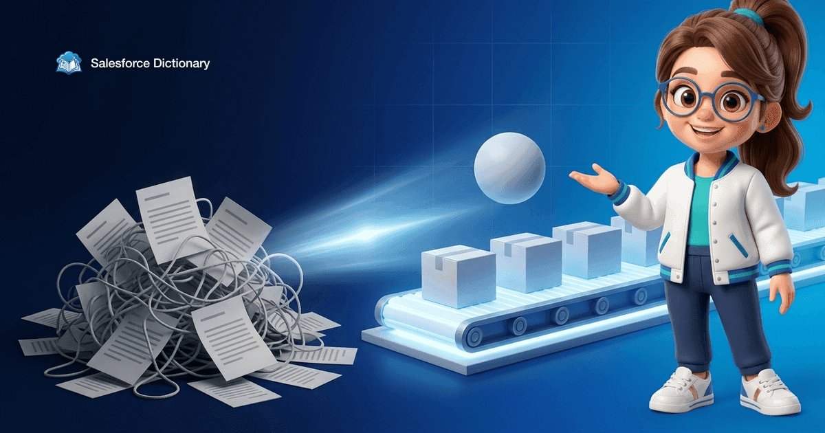 Illustration of the Salesforce Dictionary mascot presenting a tangled heap of blank documents and string transformed by a beam of light into an orderly conveyor of neat boxes overseen by a featureless sphere