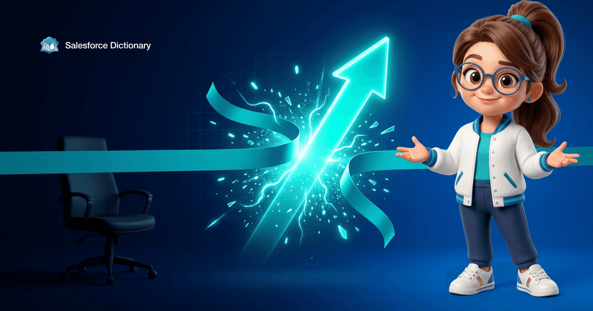 Illustration of the Salesforce Dictionary mascot as a teal arrow bursts through a finish tape in a shower of light, with one empty office chair sitting unlit in the shadows to the side