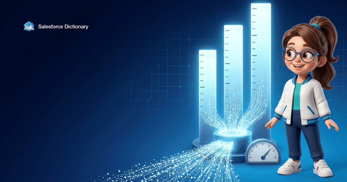 Illustration of the Salesforce Dictionary mascot beside three tall glowing bars fed by dense streams of light particles pouring into a hub, with a usage meter ticking up at their base