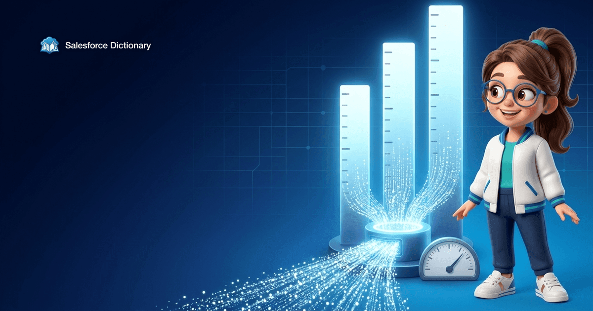 Illustration of the Salesforce Dictionary mascot beside three tall glowing bars fed by dense streams of light particles pouring into a hub, with a usage meter ticking up at their base