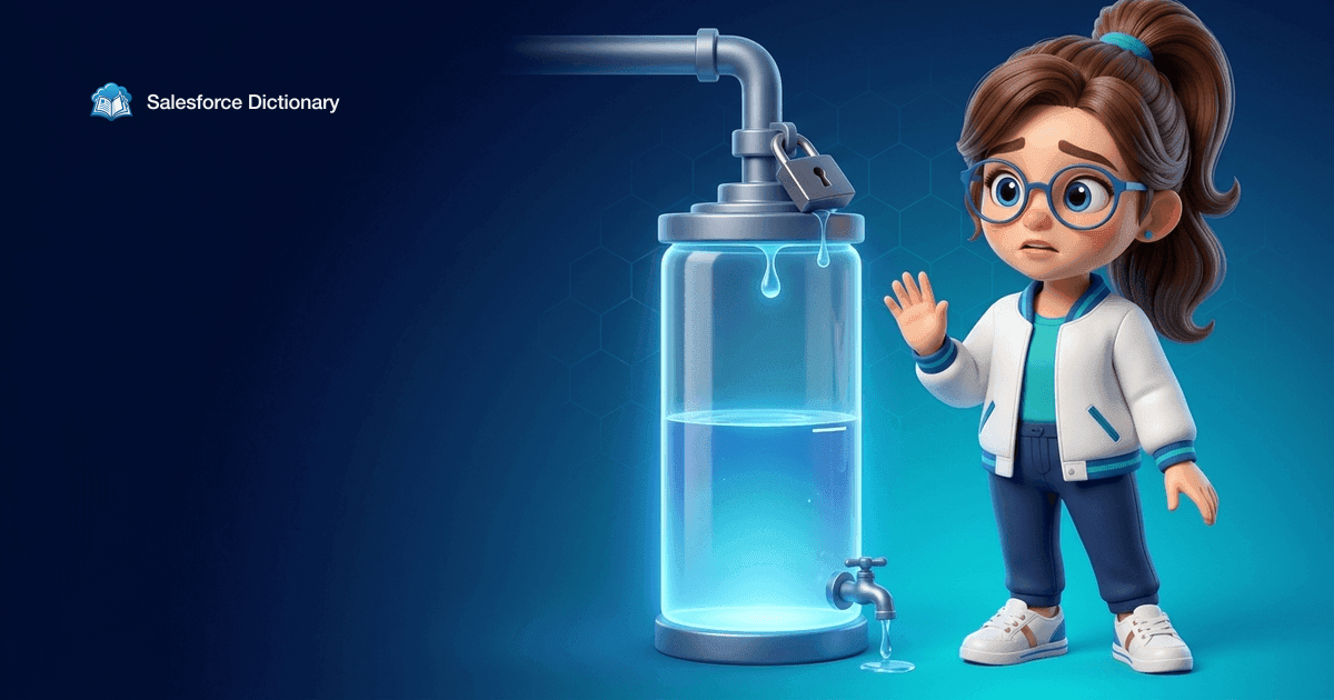 Illustration of the Salesforce Dictionary mascot raising a cautioning hand at a part-filled glass tank whose inlet pipe has been capped and padlocked, a last drop hanging while the tap below drains it