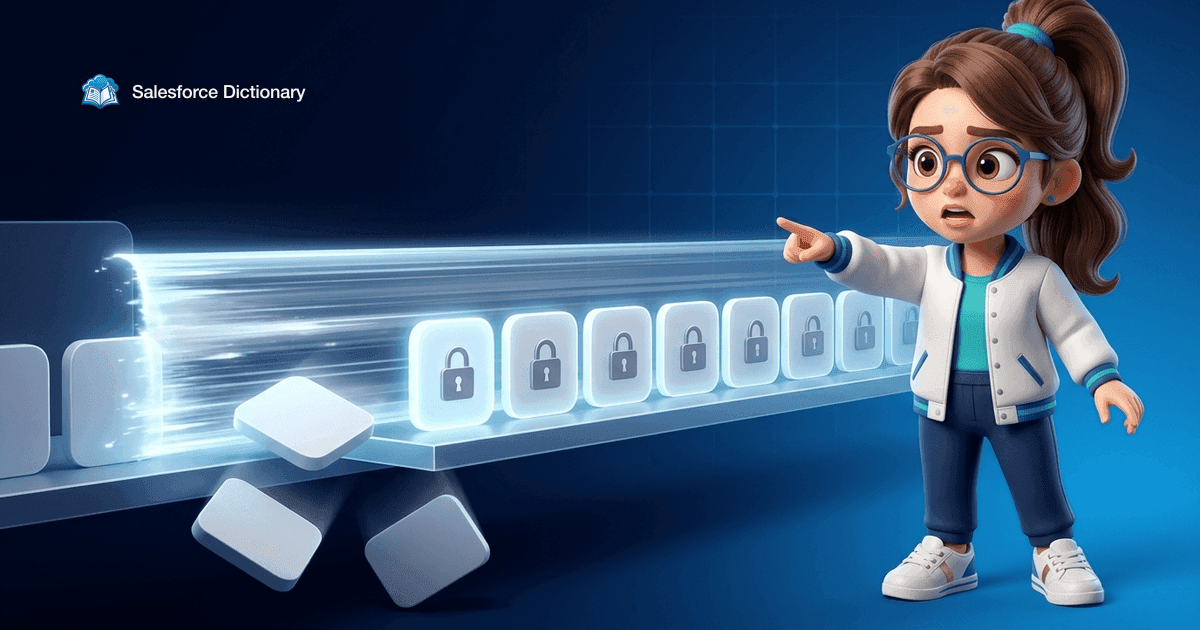 Illustration of the Salesforce Dictionary mascot pointing urgently as a bright shutter sweeps across a shelf of app tiles, knocking several off the edge while the padlocked ones stay lit