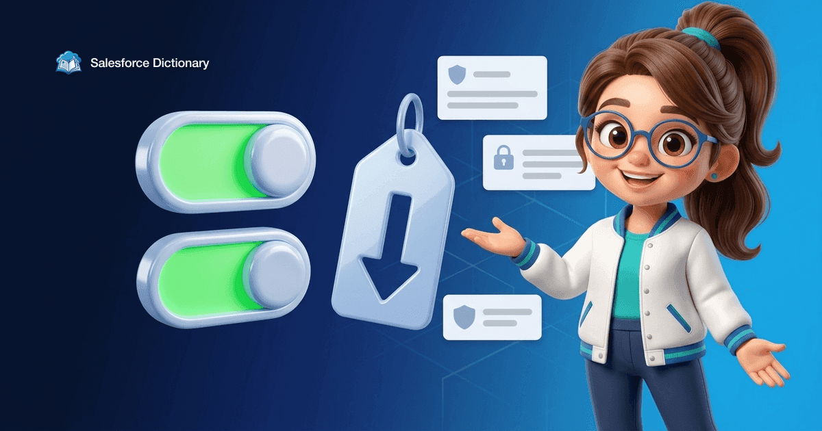 Illustration of the Salesforce Dictionary mascot presenting two toggle switches flipped fully on in green beside a price tag marked with a steep downward arrow