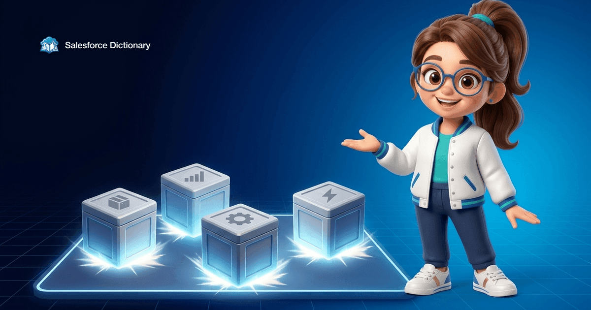 Illustration of the Salesforce Dictionary mascot presenting four glowing crates landing together on a lit platform, each carrying a single plain icon